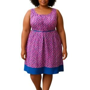 Pink Owl Pink Blue Geometric Sleeveless Belted Cami Camisole Midi Tank Dress 4X